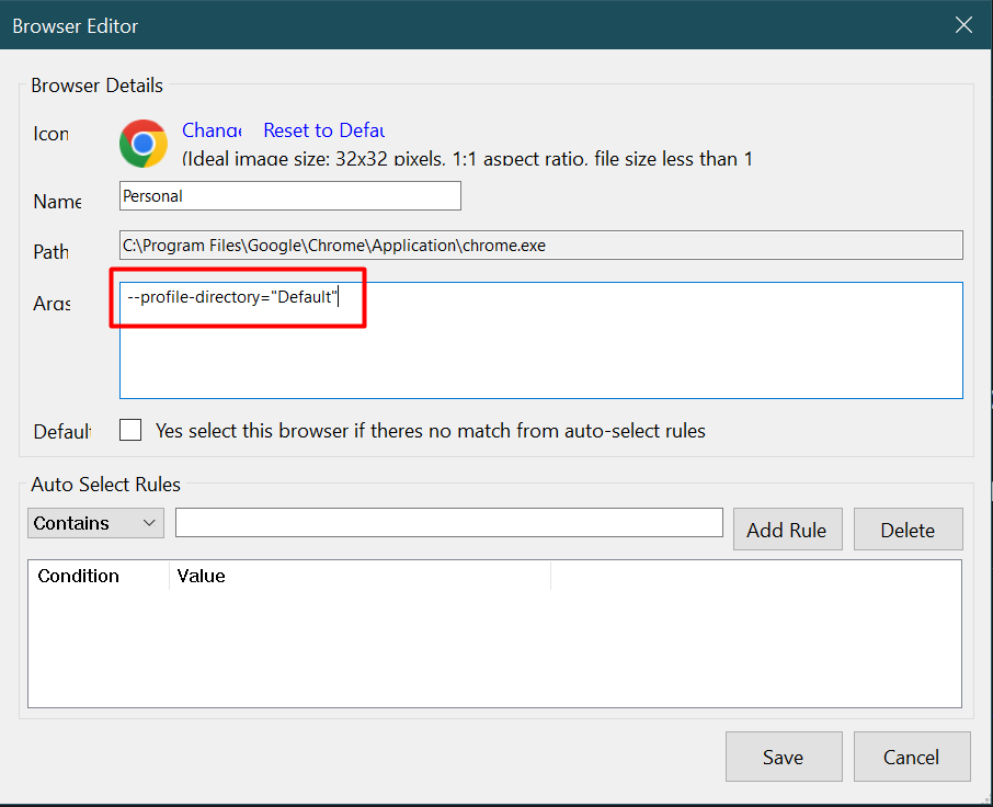 Browser Selector configuration window showing a Chrome profile added with a profile-directory argument