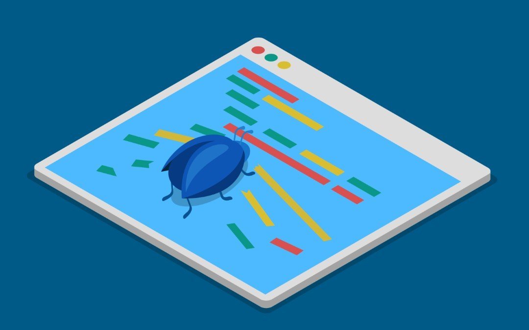 Isometric illustration of an application window with a large blue bug resting on top of coloured lines of code